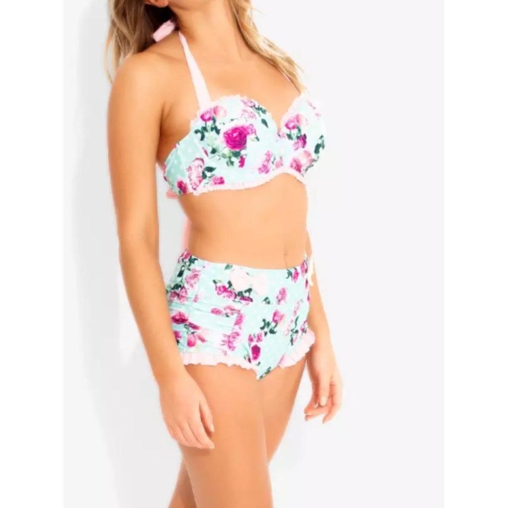 HOT TOPIC Mint Floral Polka Dot Ruffle Bows Retro 2 Piece Swimsuit size medium